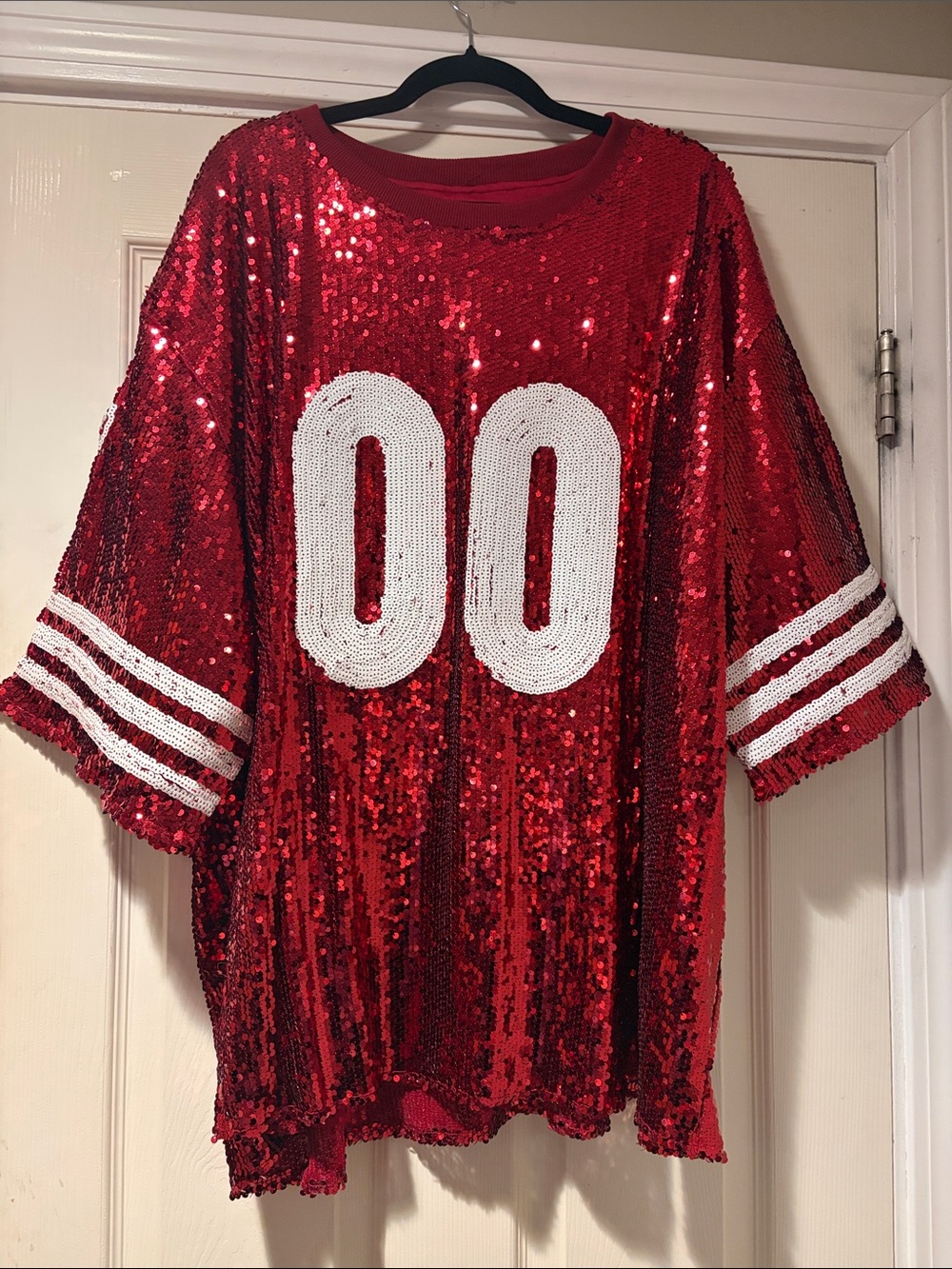 Sequin Athletic Jersey Top in Red with White Number